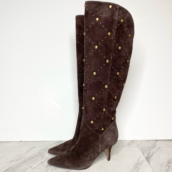 New! Vince Camuto Fimulie Brown Suede Stud Pointy Toe Tall Boot 7 1/2 M - Picture 1 of 16